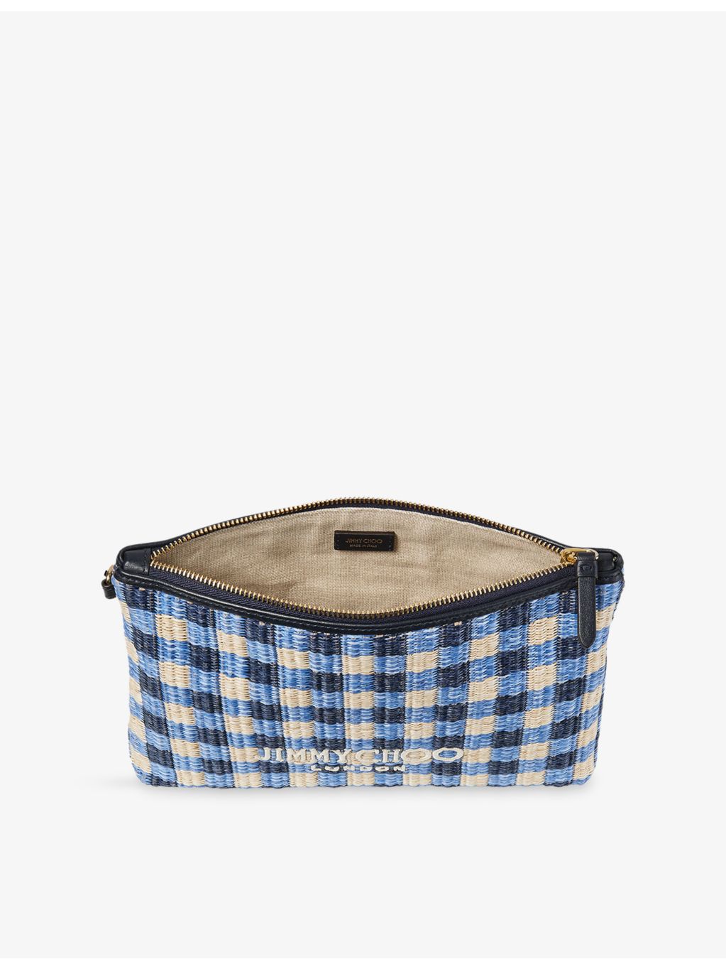 Jimmy Choo gingham raffia zipped pouch, imported from the UK