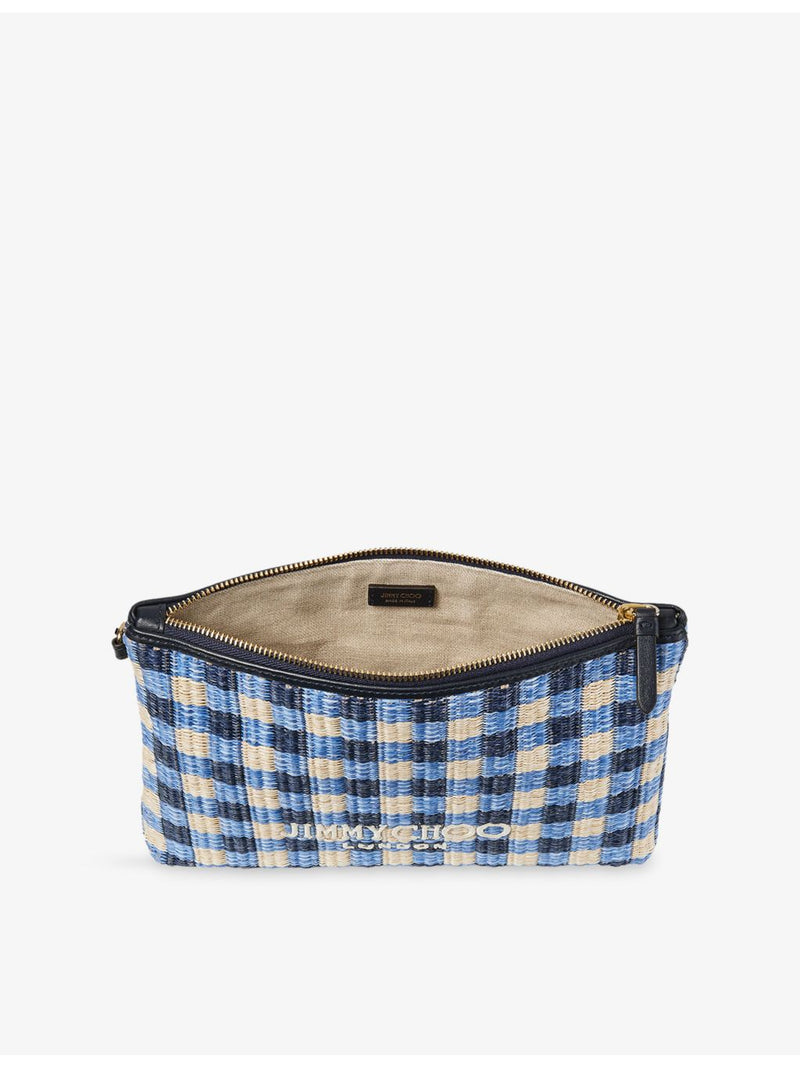 Jimmy Choo gingham raffia zipped pouch, imported from the UK