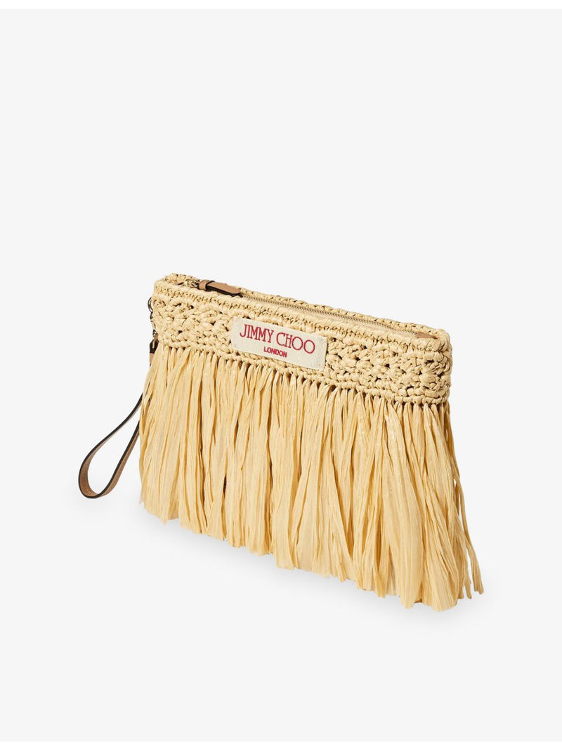 Jimmy Choo zipped flat raffia woven pouch with fringe - British product