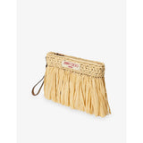 Jimmy Choo zipped flat raffia woven pouch with fringe - British product