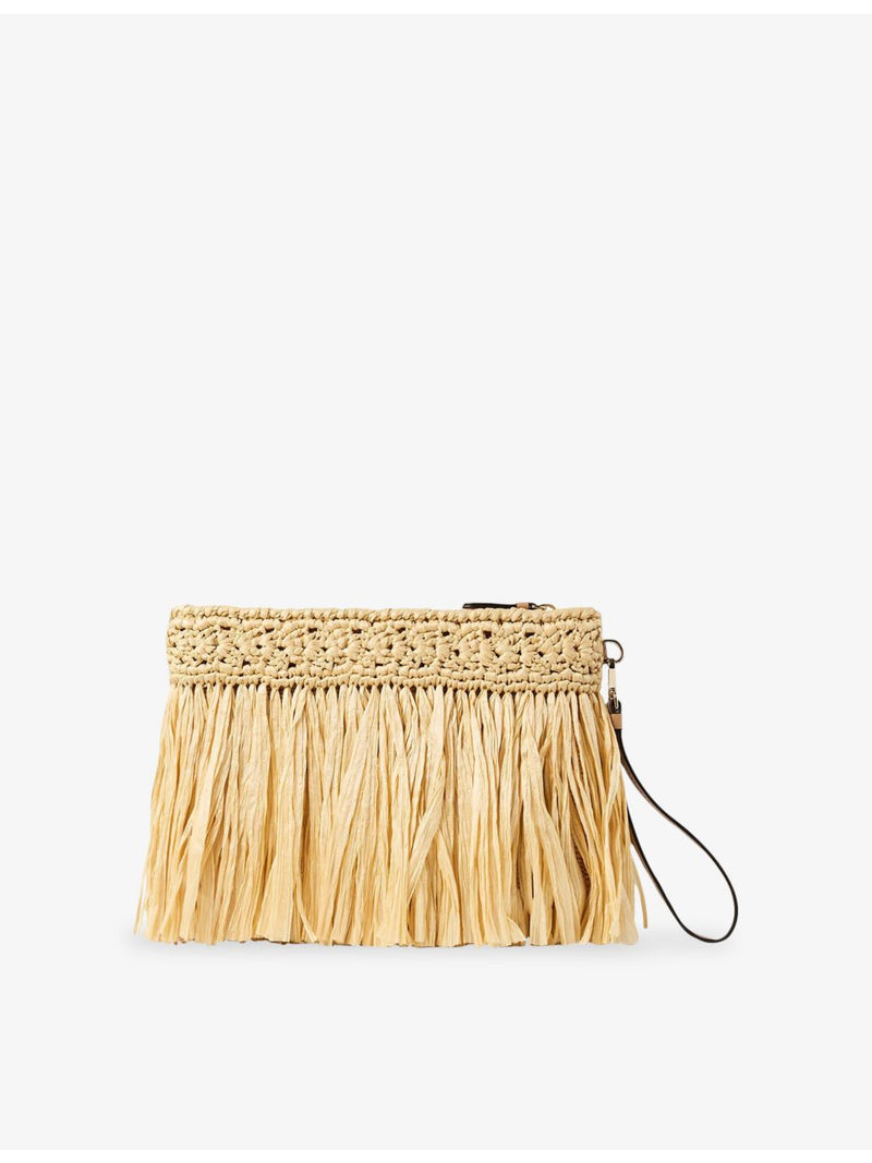 Jimmy Choo zipped flat raffia woven pouch with fringe - British product