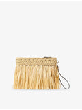 Jimmy Choo zipped flat raffia woven pouch with fringe - British product