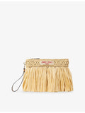 Jimmy Choo zipped flat raffia woven pouch with fringe - British product