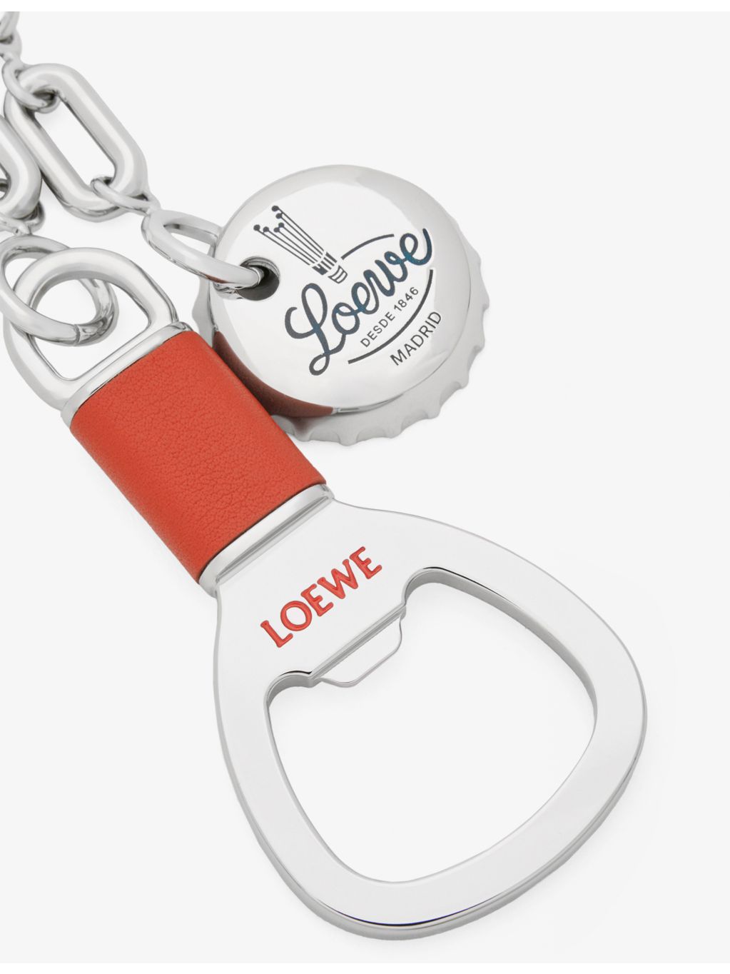 Loewe stainless-steel bottle opener charm with leather accents - British product