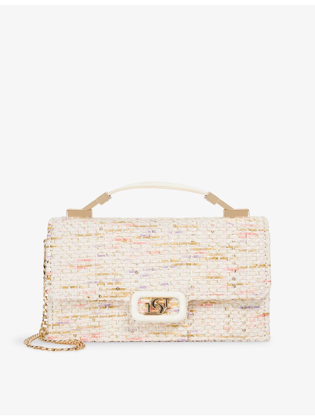 Dune woven top-handle bag with metallic weave and rhinestone embellishments, UK version