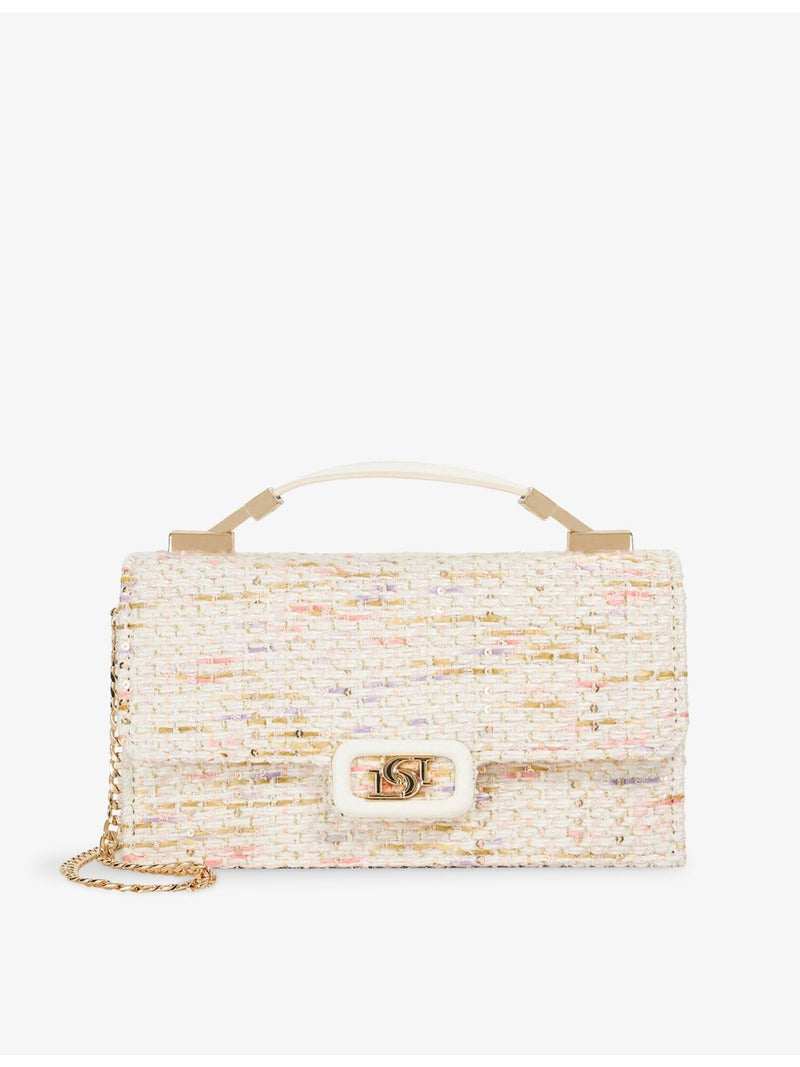 Dune woven top-handle bag with metallic weave and rhinestone embellishments, UK version