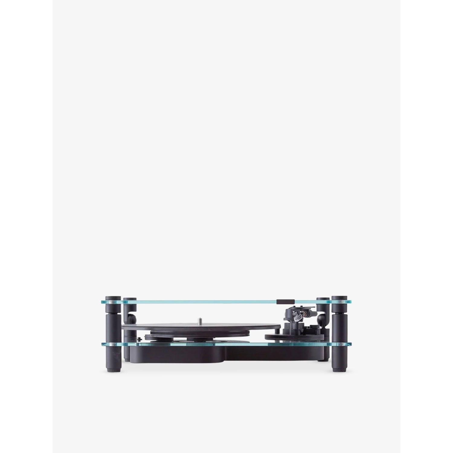 Transparent turntable record player with glass and aluminium design, UK version