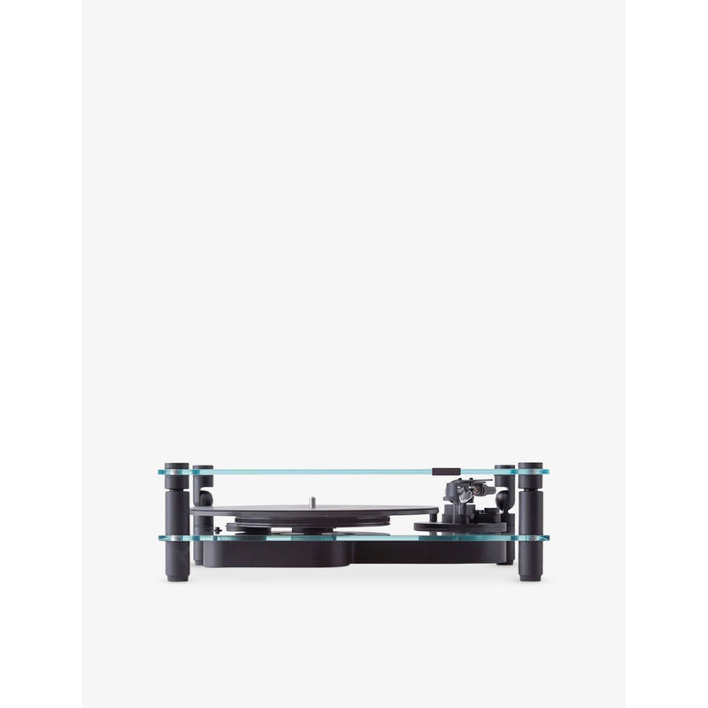 Transparent turntable record player with glass and aluminium design, UK version