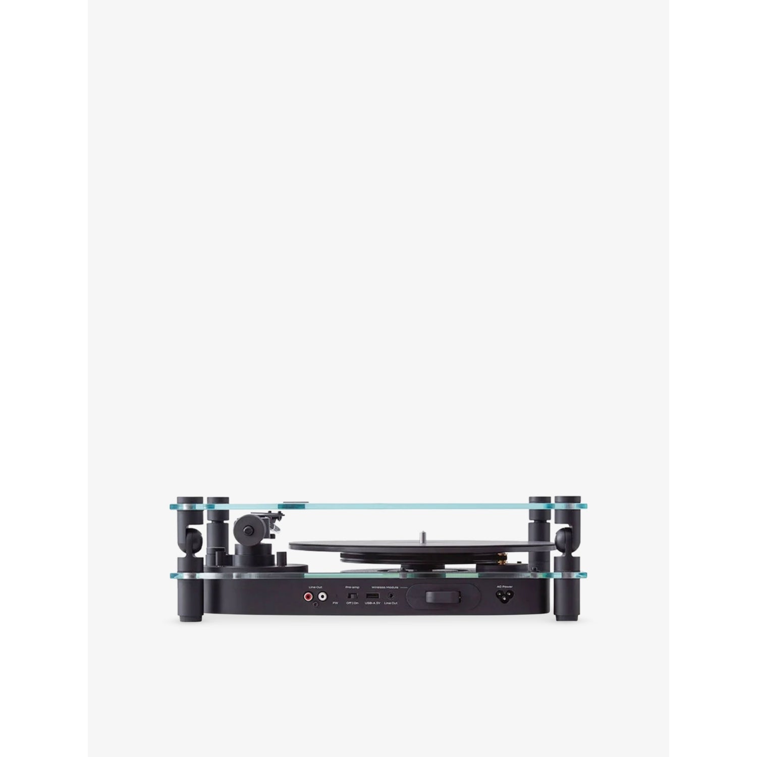 Transparent turntable record player with glass and aluminium design, UK version