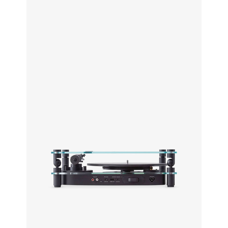 Transparent turntable record player with glass and aluminium design, UK version