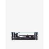 Transparent turntable record player with glass and aluminium design, UK version