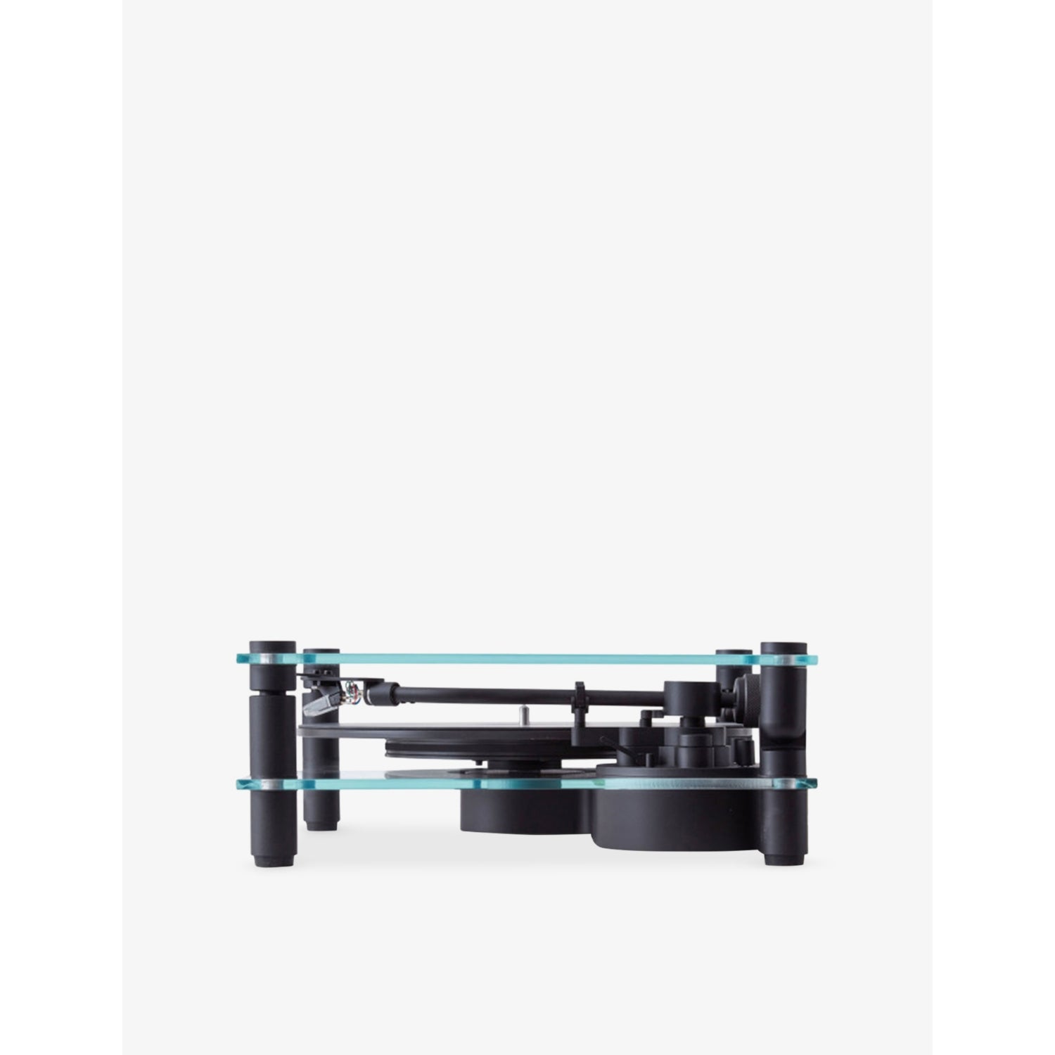 Transparent turntable record player with glass and aluminium design, UK version