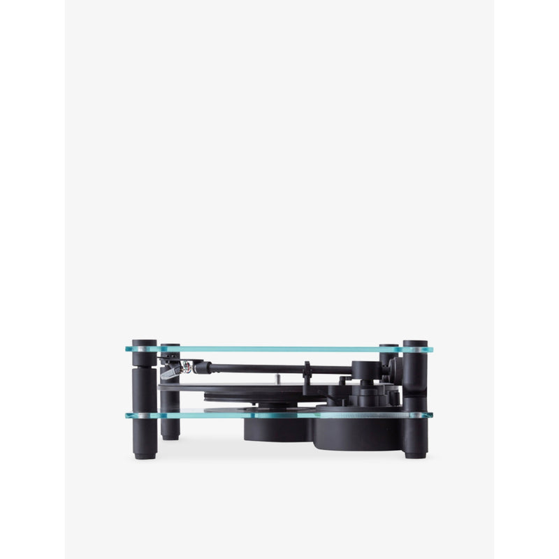 Transparent turntable record player with glass and aluminium design, UK version