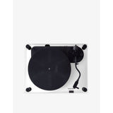 Transparent turntable record player with glass and aluminium design, UK version