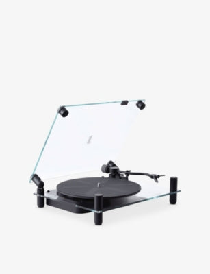 Transparent turntable record player with glass and aluminium design, UK version