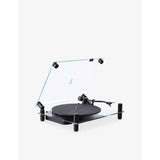 Transparent turntable record player with glass and aluminium design, UK version
