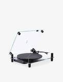 Transparent turntable record player with glass and aluminium design, UK version
