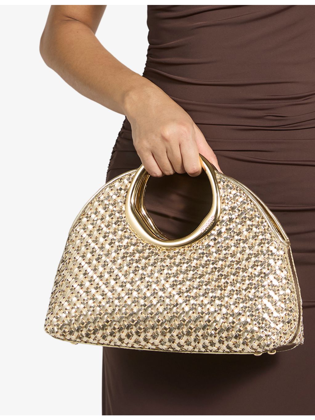 Dune metallic faux-leather clutch bag with cross-body strap, imported from the UK