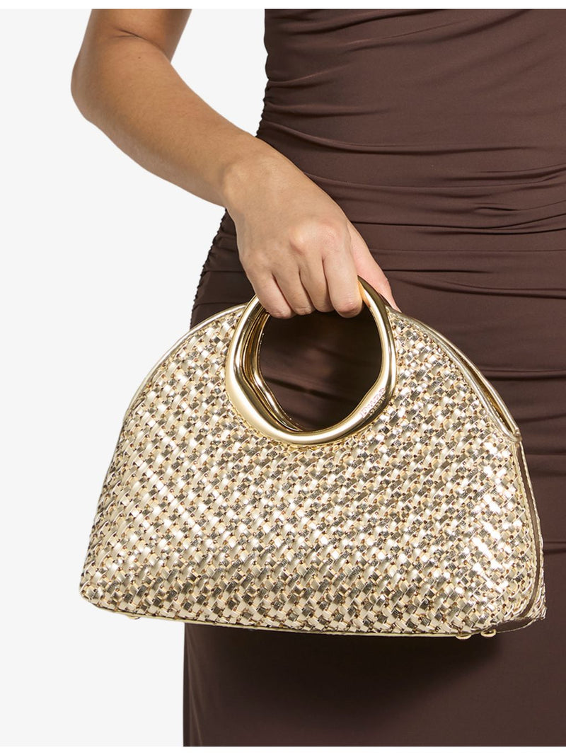 Dune metallic faux-leather clutch bag with cross-body strap, imported from the UK
