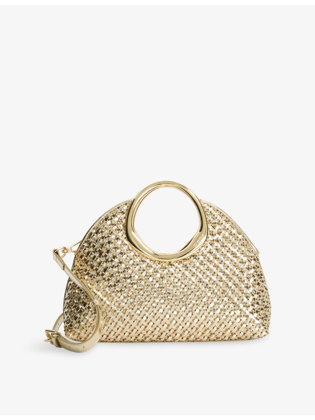 Dune metallic faux-leather clutch bag with cross-body strap, imported from the UK