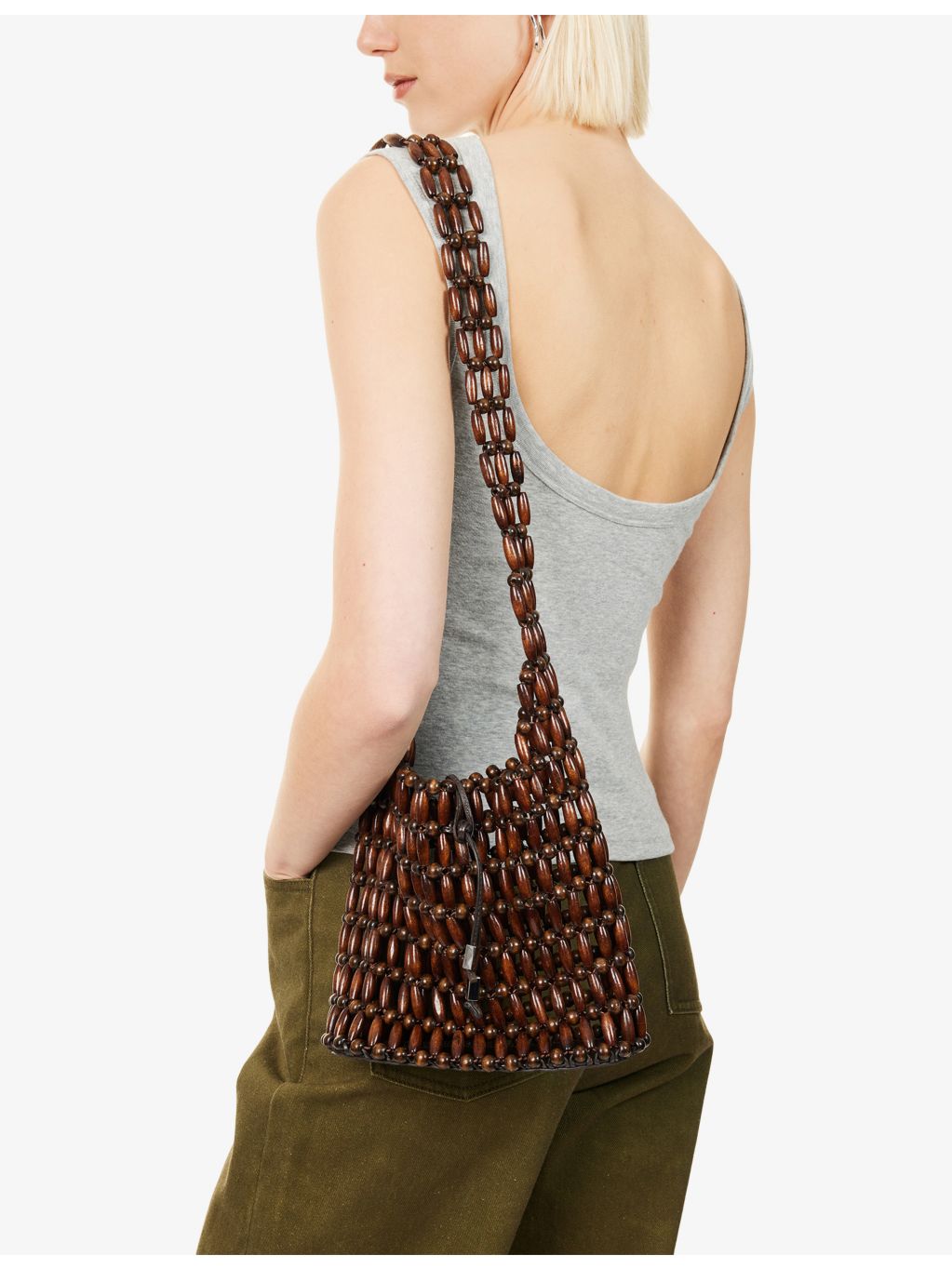 STAUD Coronado beaded shoulder bag with leather trims, imported from the UK