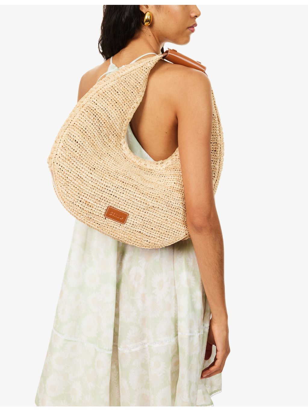 STAUD Moon raffia tote bag with leather trim - British product
