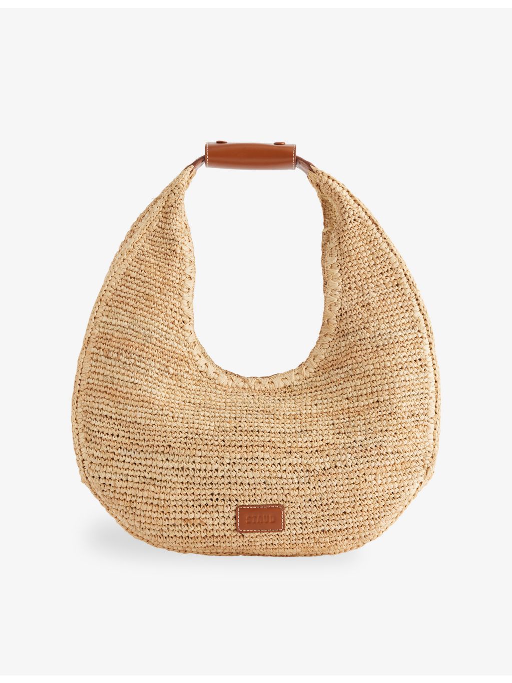 STAUD Moon raffia tote bag with leather trim - British product