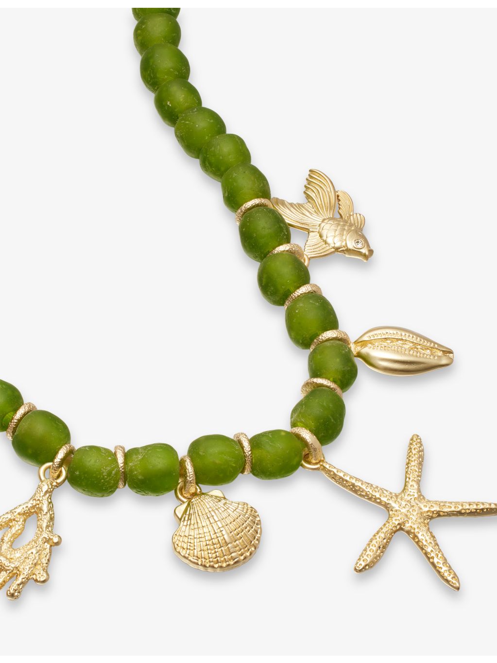 Meretrix beaded charm necklace with green beads and gold-tone starfish (British brand)