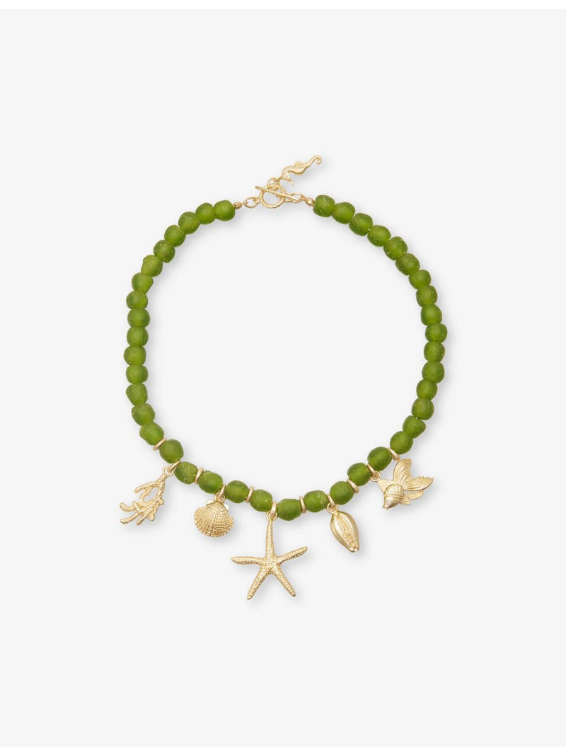 Meretrix beaded charm necklace with green beads and gold-tone starfish (British brand)