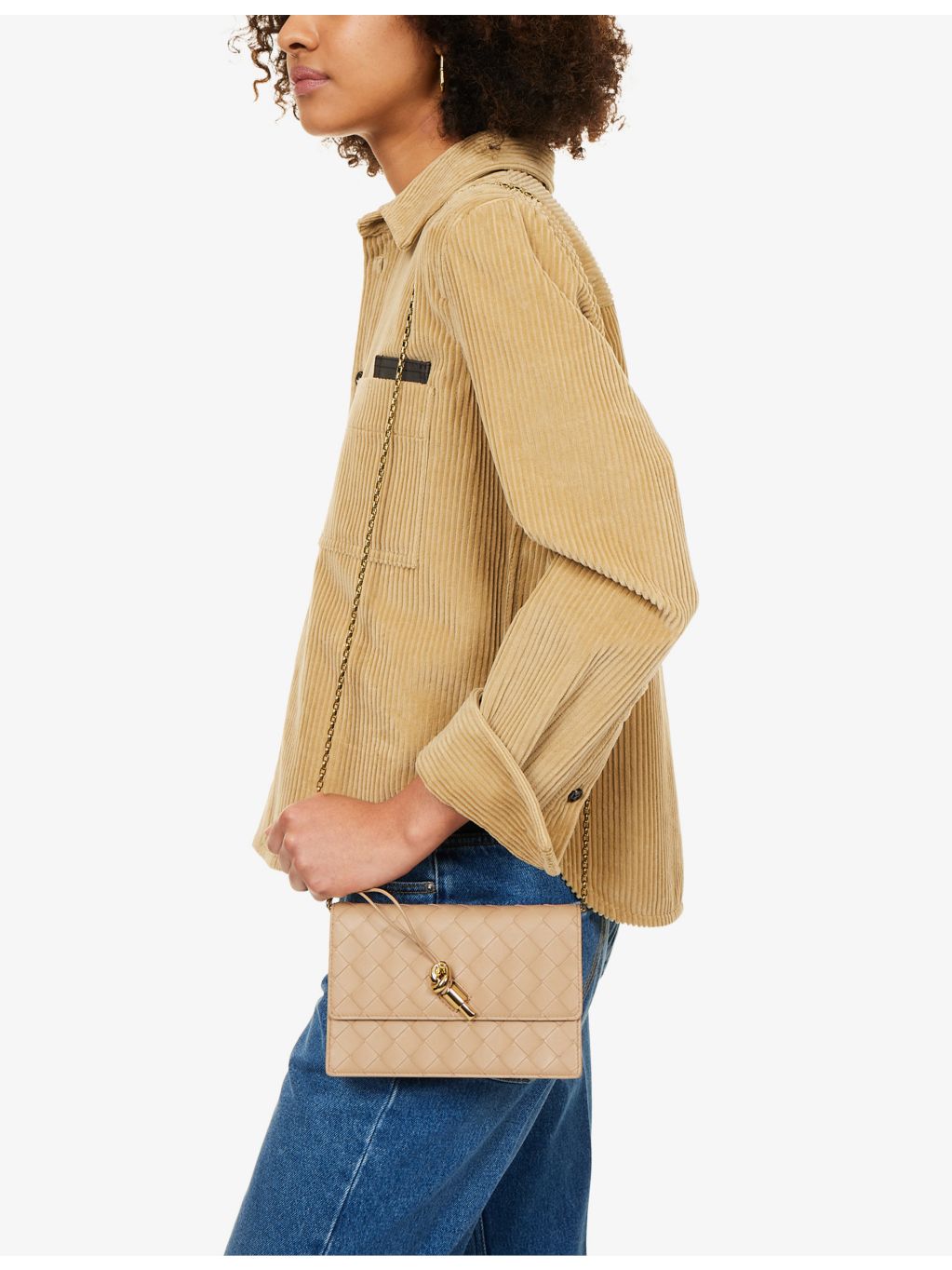 Bottega Veneta lamb leather wallet-on-chain with gold hardware, imported from the UK