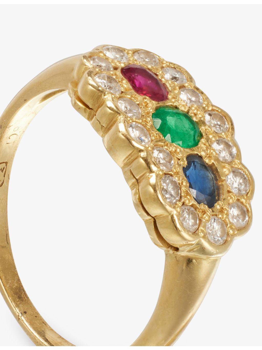 RESELFRIDGES vintage emerald sapphire ruby cluster ring, imported from the UK