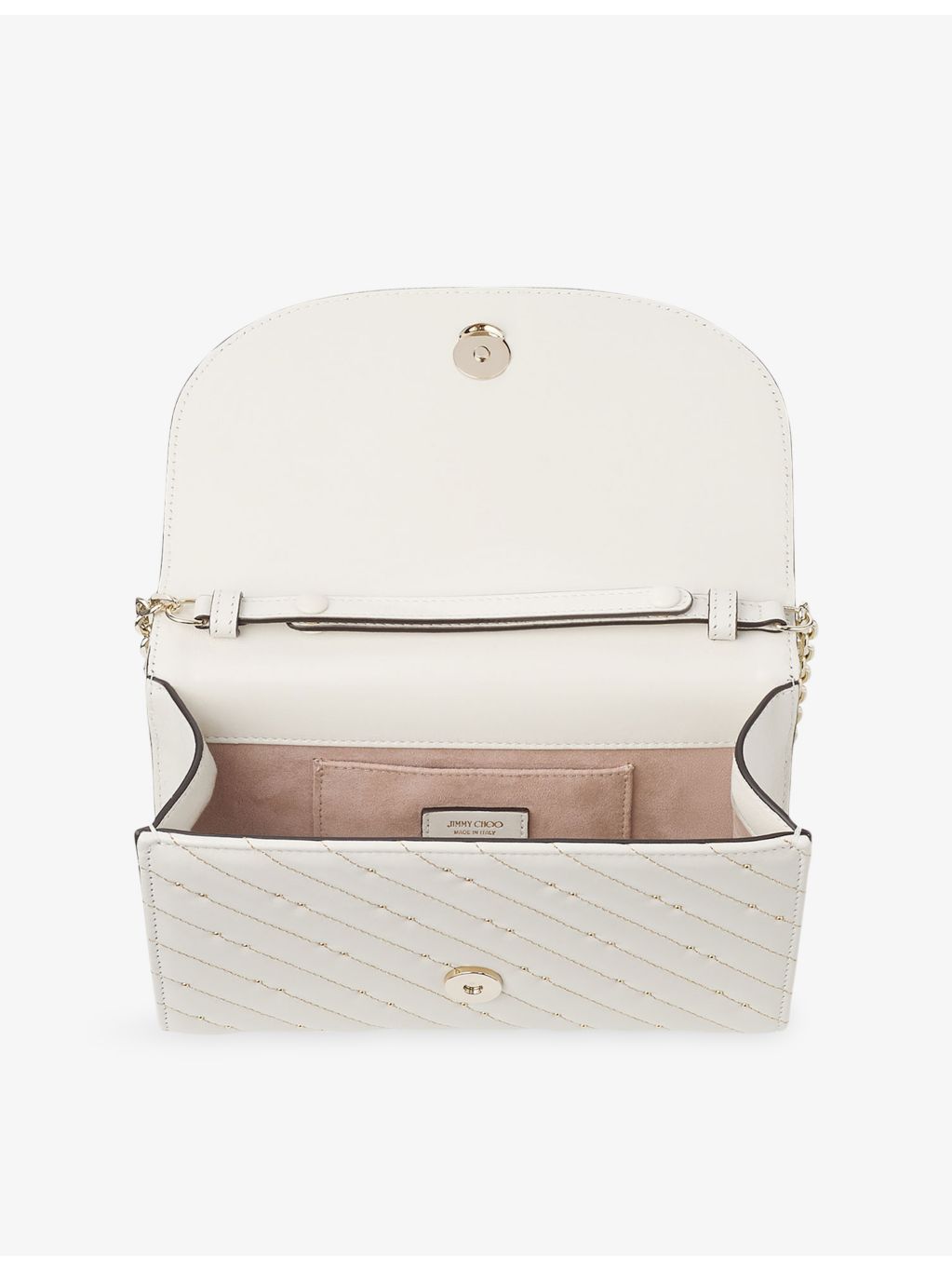 Jimmy Choo curved quilted leather clutch bag with chain strap, UK version