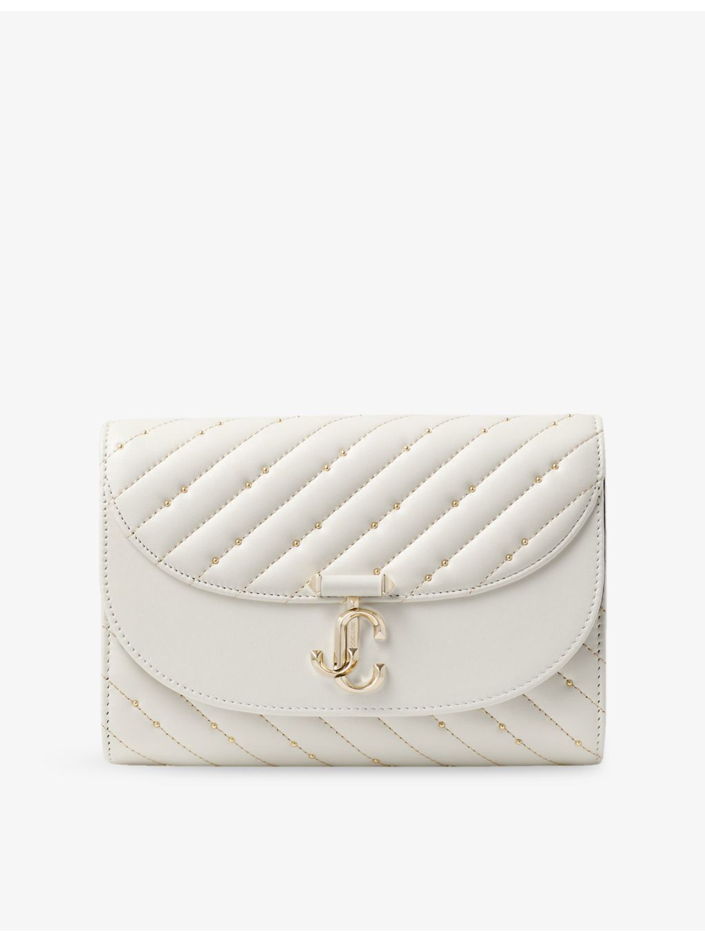 Jimmy Choo curved quilted leather clutch bag with chain strap, UK version
