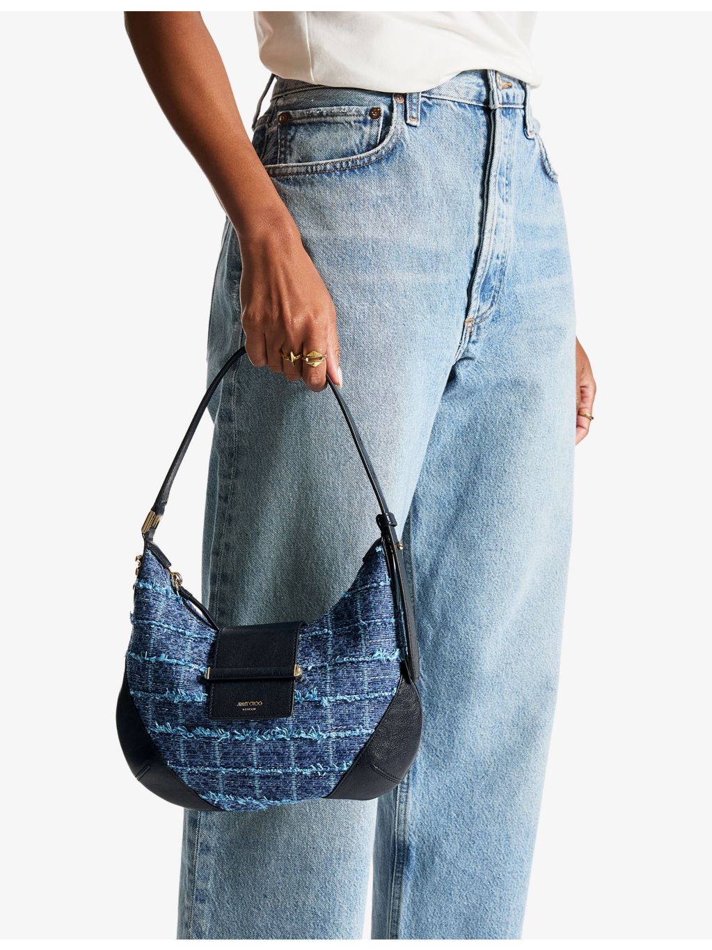 Jimmy Choo Bar Hobo denim shoulder bag, imported from the UK
