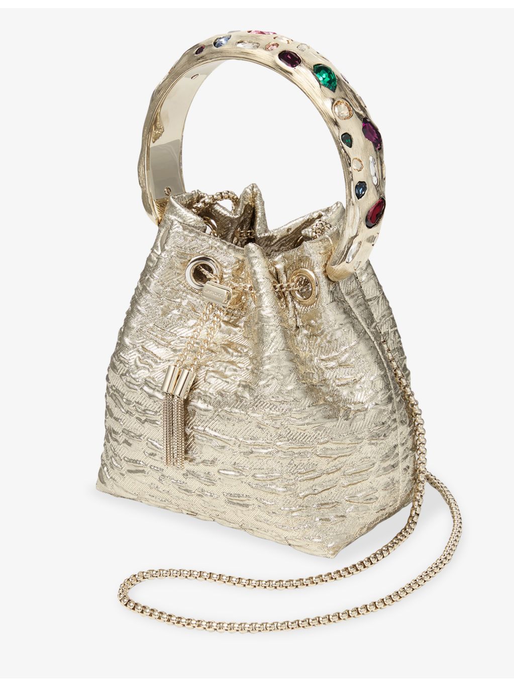 Jimmy Choo Bon Bon textured metallic woven bucket bag, UK version