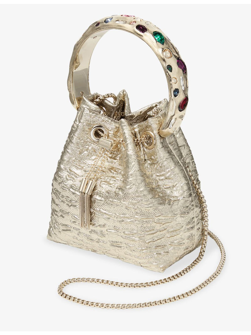 Jimmy Choo Bon Bon textured metallic woven bucket bag, UK version