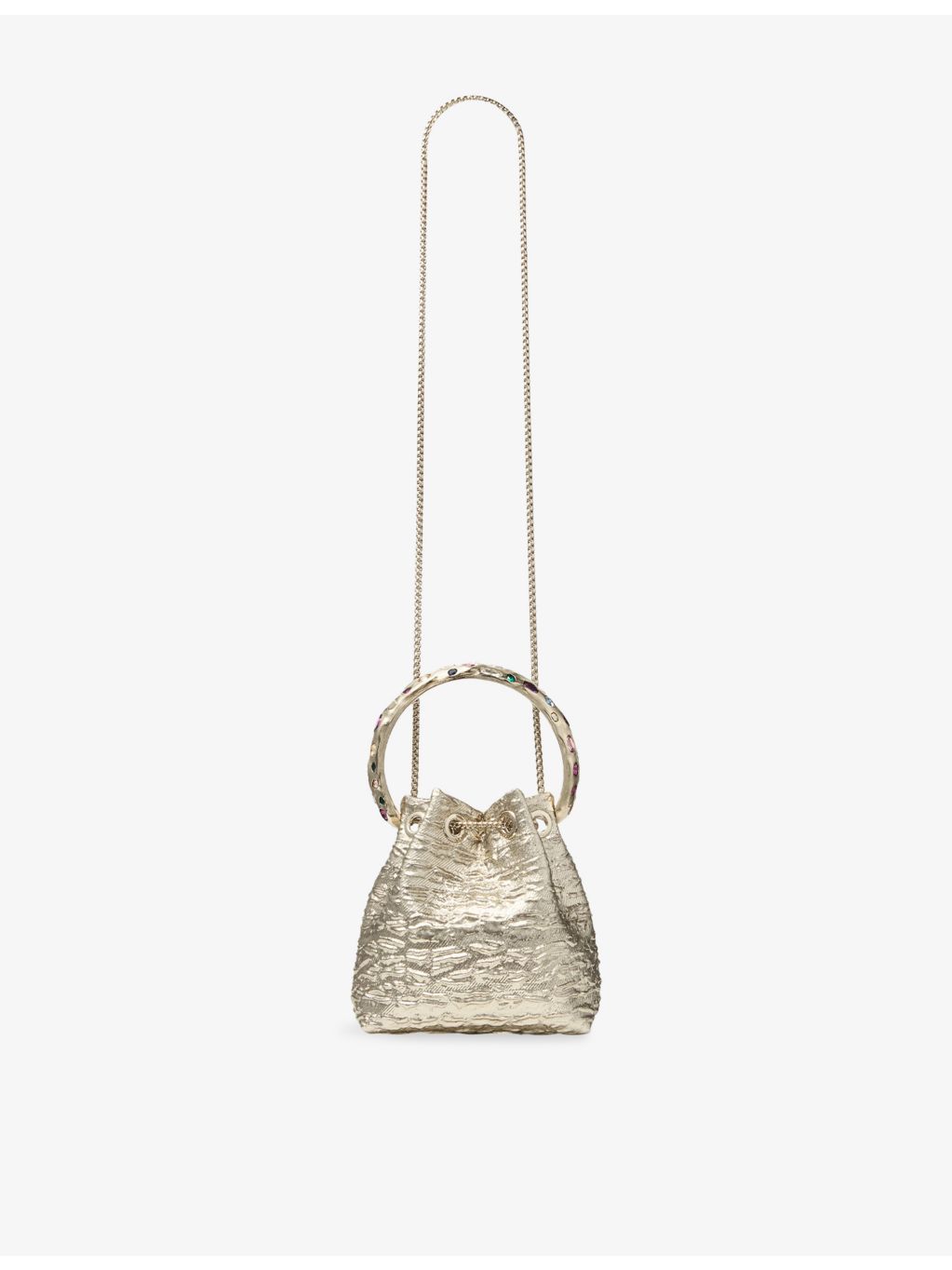 Jimmy Choo Bon Bon textured metallic woven bucket bag, UK version