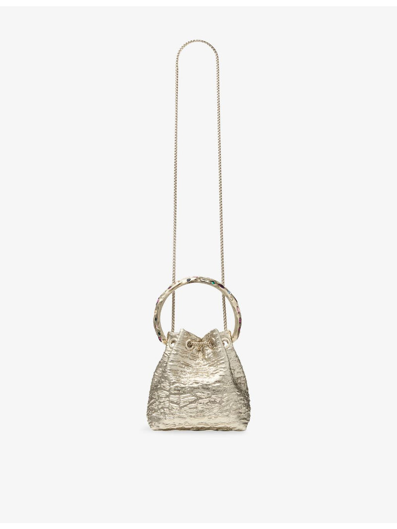 Jimmy Choo Bon Bon textured metallic woven bucket bag, UK version