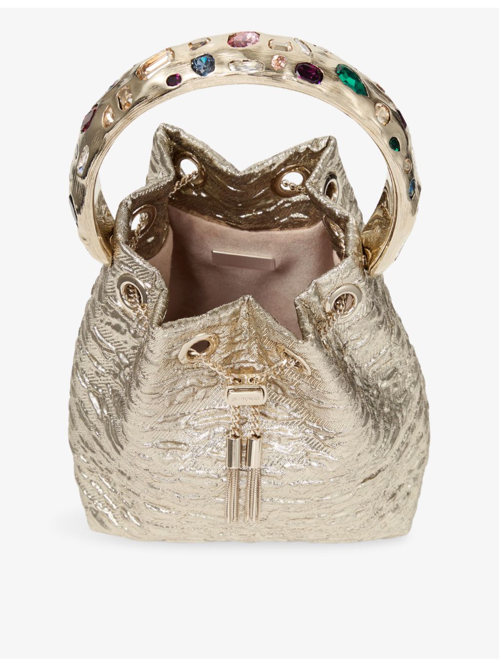 Jimmy Choo Bon Bon textured metallic woven bucket bag, UK version