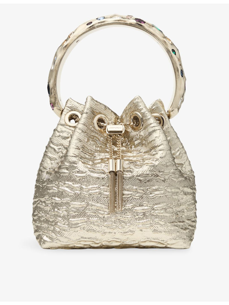 Jimmy Choo Bon Bon textured metallic woven bucket bag, UK version