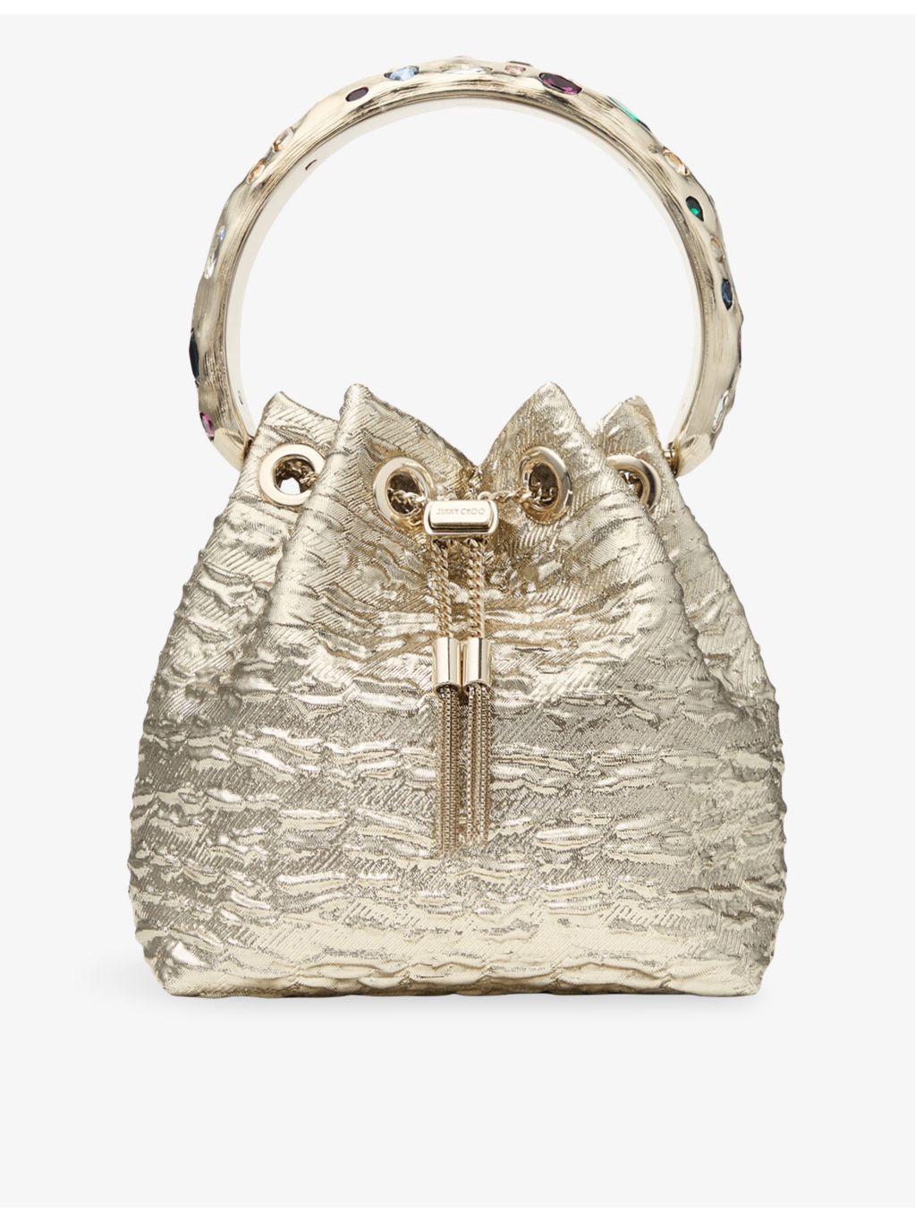 Jimmy Choo Bon Bon textured metallic woven bucket bag, UK version