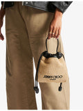 Jimmy Choo drawstring raffia pouch with leather trim, imported from the UK