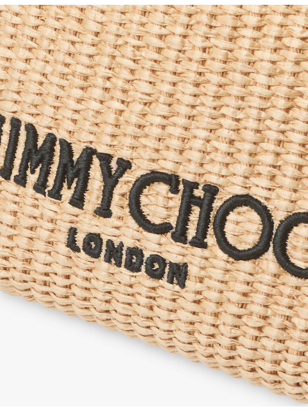Jimmy Choo drawstring raffia pouch with leather trim, imported from the UK
