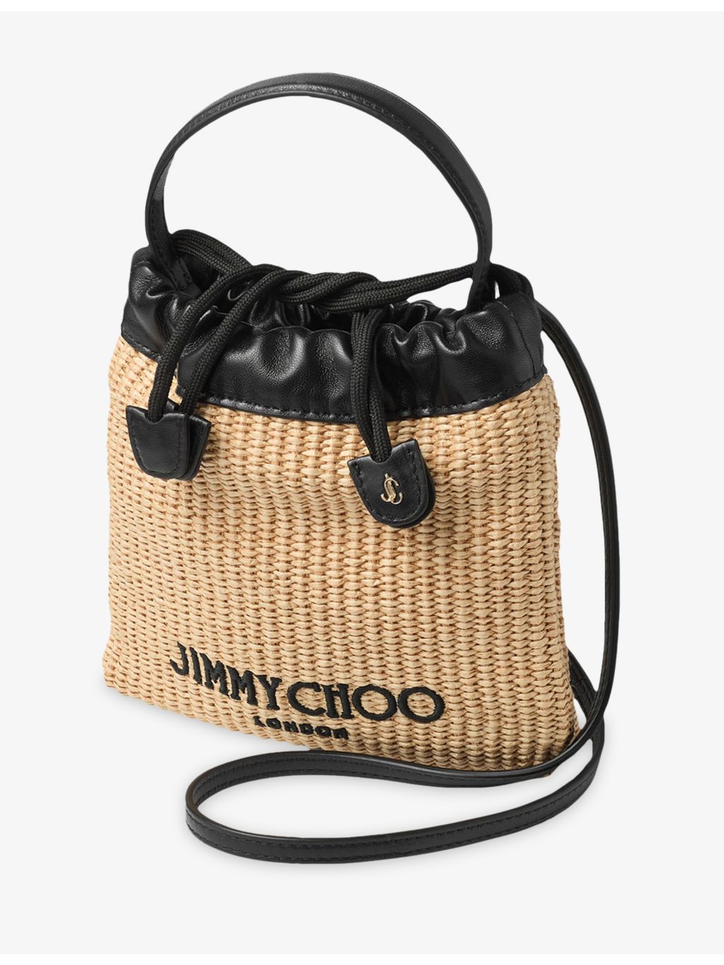Jimmy Choo drawstring raffia pouch with leather trim, imported from the UK