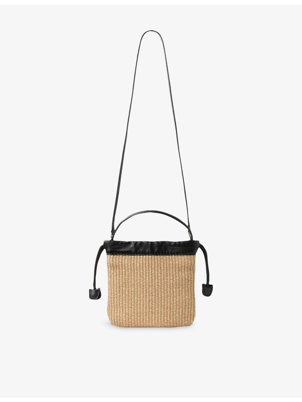 Jimmy Choo drawstring raffia pouch with leather trim, imported from the UK