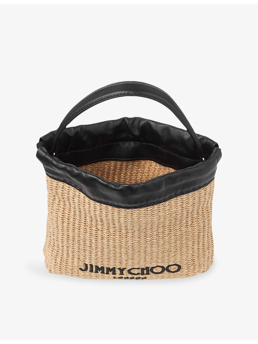 Jimmy Choo drawstring raffia pouch with leather trim, imported from the UK