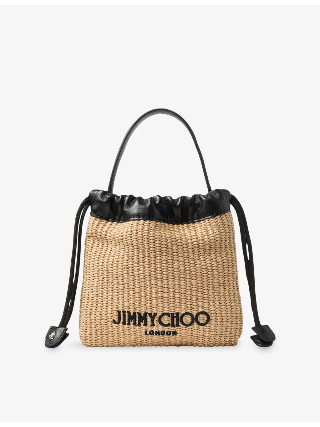 Jimmy Choo drawstring raffia pouch with leather trim, imported from the UK