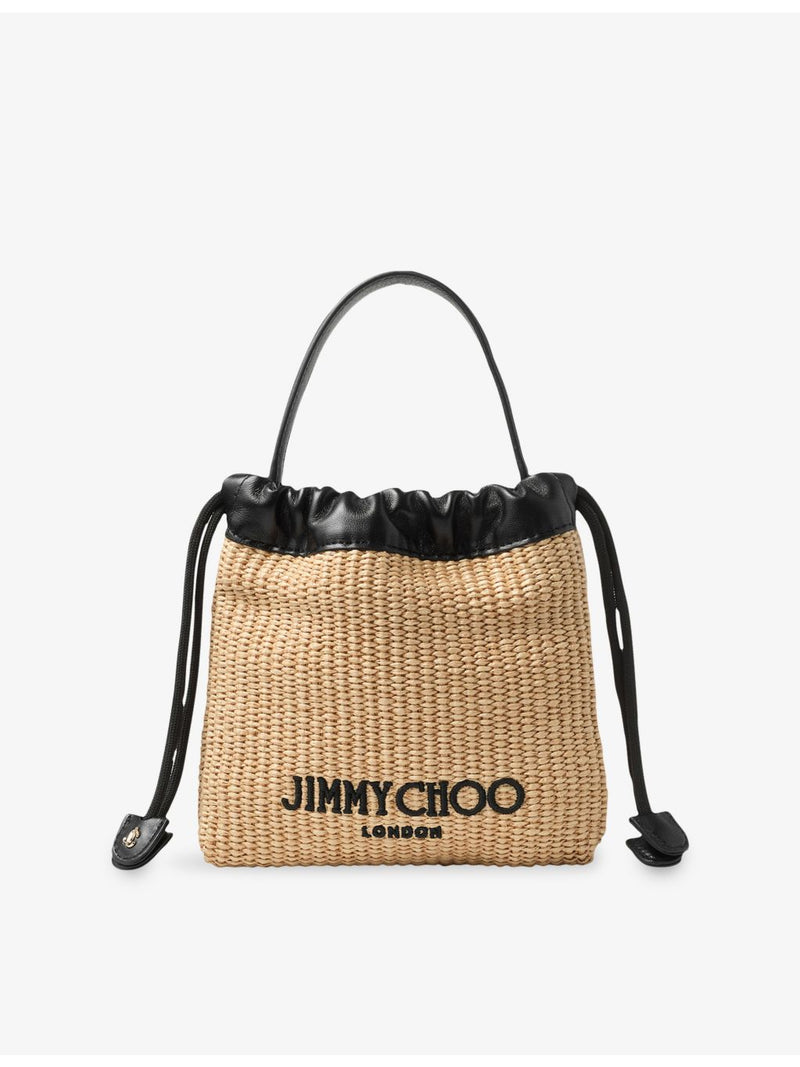Jimmy Choo drawstring raffia pouch with leather trim, imported from the UK