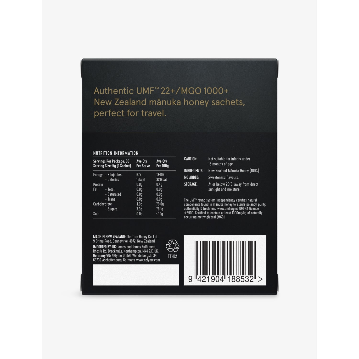 The True Honey Company Manuka honey sachets 1000+ MGO 150g, UK version