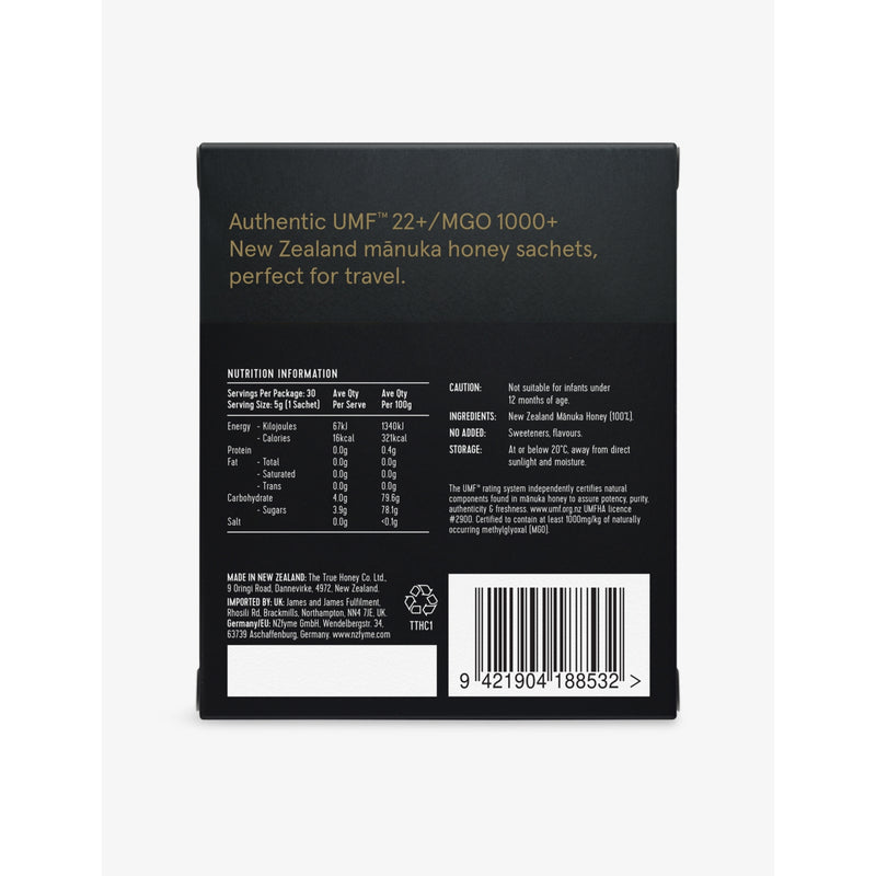 The True Honey Company Manuka honey sachets 1000+ MGO 150g, UK version